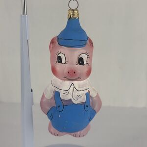 Italy Glass Tree Ornament Pig Hang Painted Overalls Vintage 4.5" tall Porky